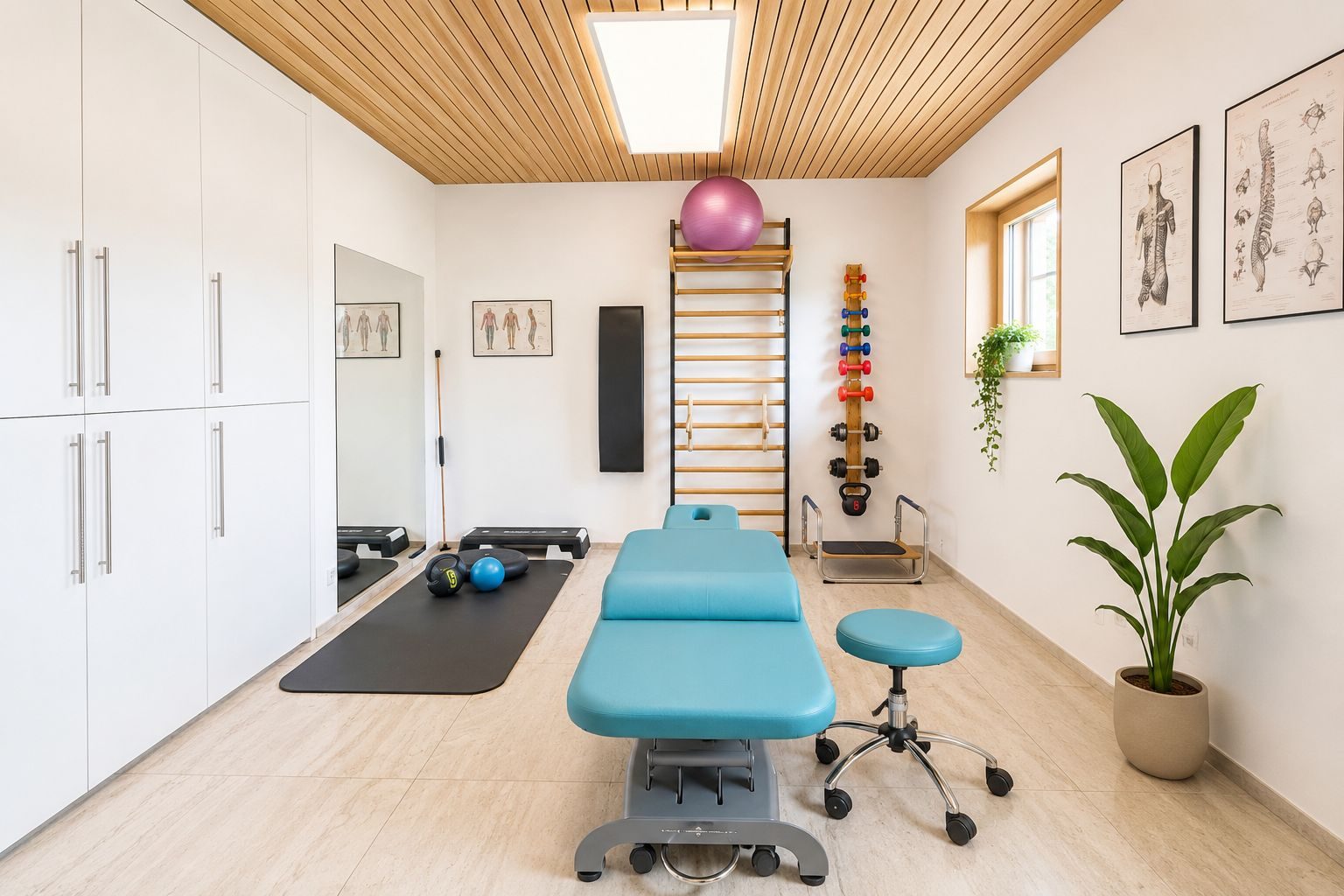 Heller Behandlungsraum der Praxis Physio Bergauf mit Therapieliege und Sprossenwand